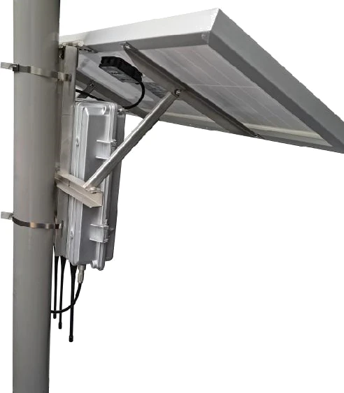 Catalogue DCU and solar assembly strapped to a pole